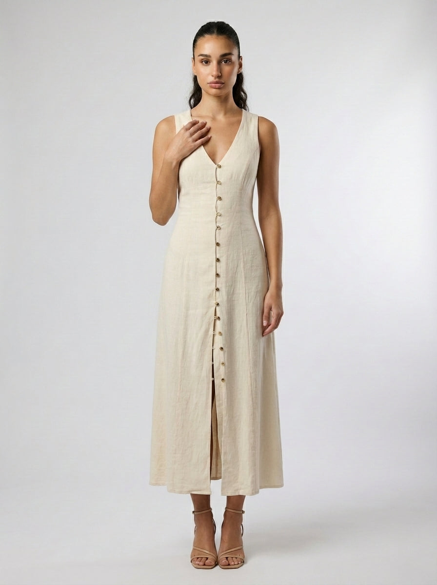 Adeline Linen V Neck Button Front Maxi Dress in Cream