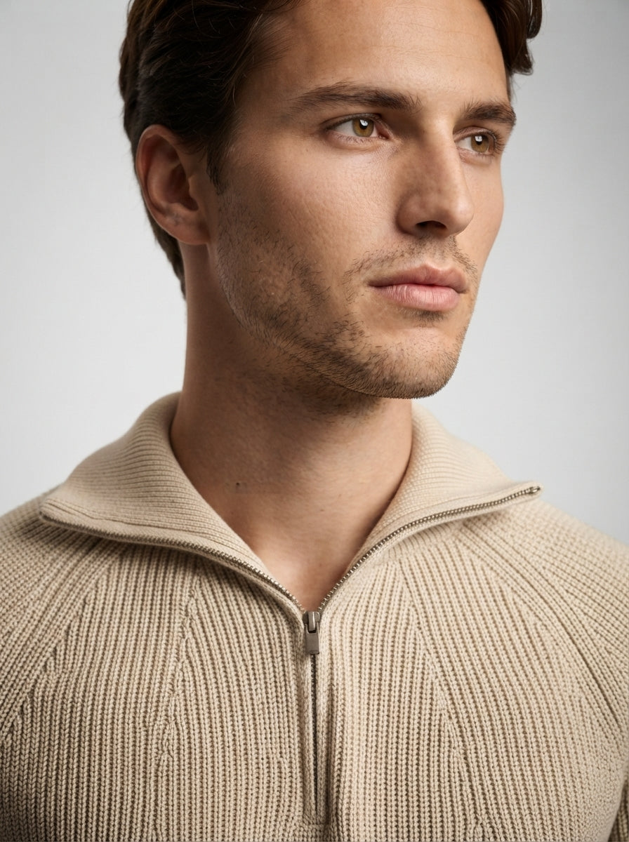 The Strathmore Zip Collar Knit in Beige