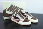Air Jordan 1 Low Travis Scott Dark Pony Pink in dark brown, white and soft pink
