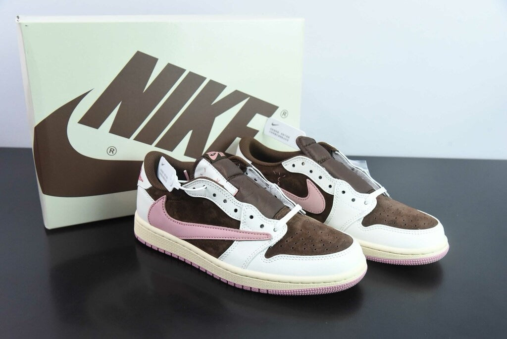 Air Jordan 1 Low Travis Scott Dark Pony Pink in dark brown, white and soft pink