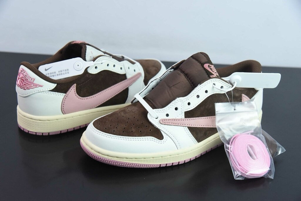 Air Jordan 1 Low Travis Scott Dark Pony Pink in dark brown, white and soft pink