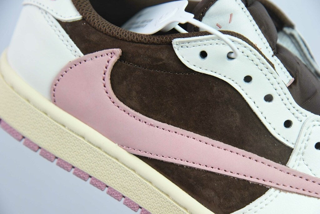 Air Jordan 1 Low Travis Scott Dark Pony Pink in dark brown, white and soft pink