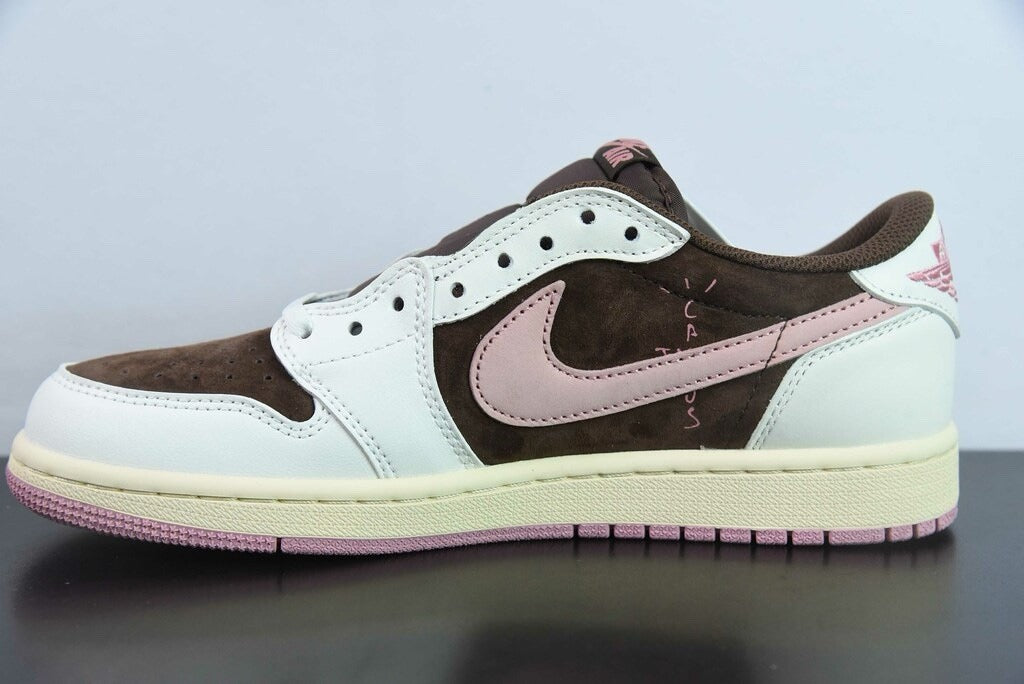 Air Jordan 1 Low Travis Scott Dark Pony Pink in dark brown, white and soft pink