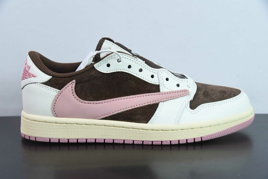 Air Jordan 1 Low Travis Scott Dark Pony Pink in dark brown, white and soft pink