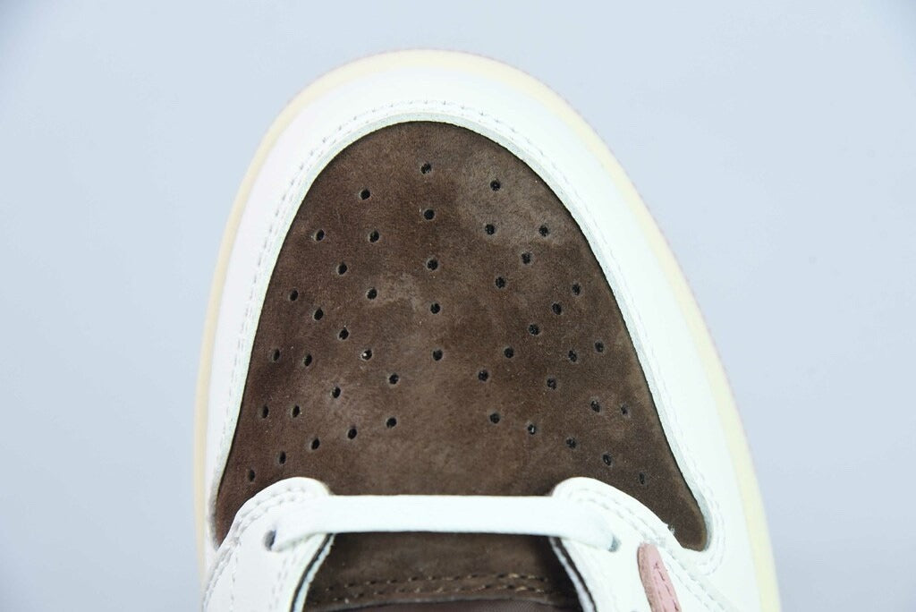 Air Jordan 1 Low Travis Scott Dark Pony Pink in dark brown, white and soft pink