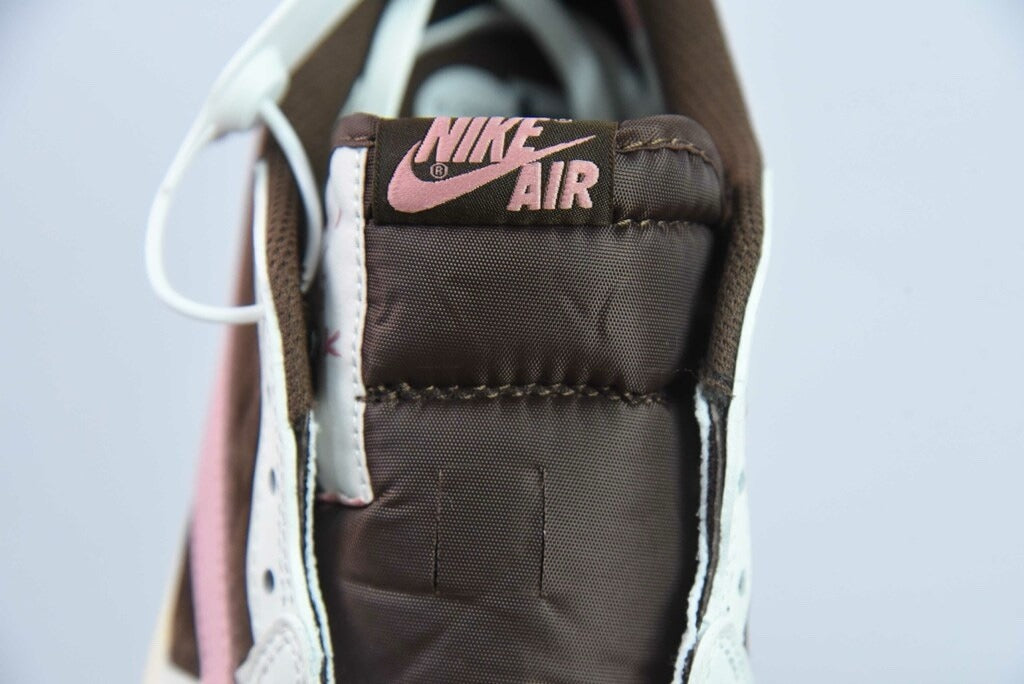 Air Jordan 1 Low Travis Scott Dark Pony Pink in dark brown, white and soft pink