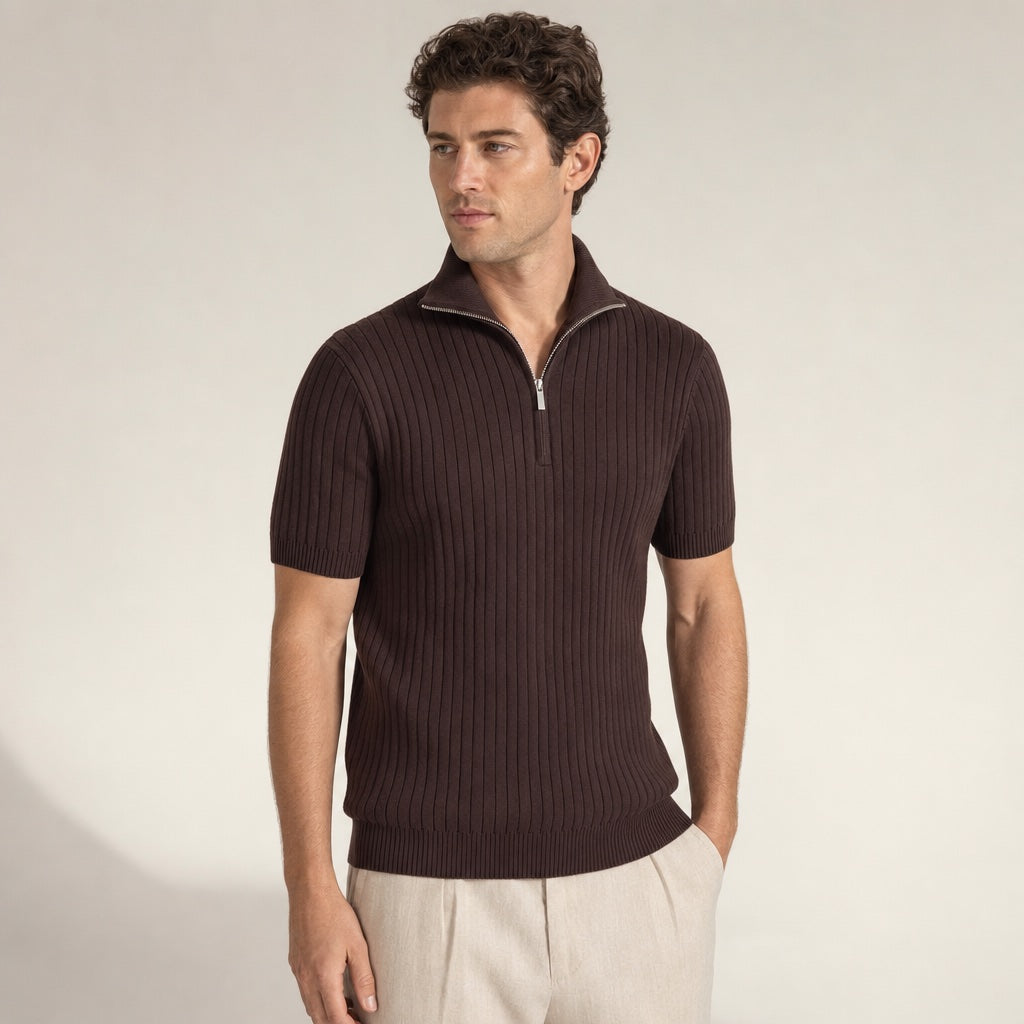 Ribbed Half-Zip Knit Polo in white