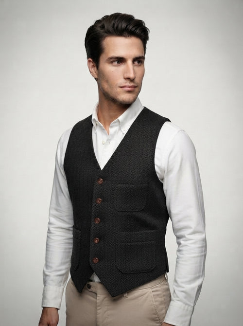 The Kirkstall Herringbone Vest in Charcoal