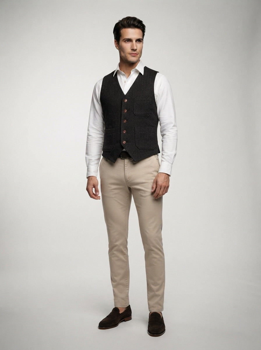 The Kirkstall Herringbone Vest in Charcoal