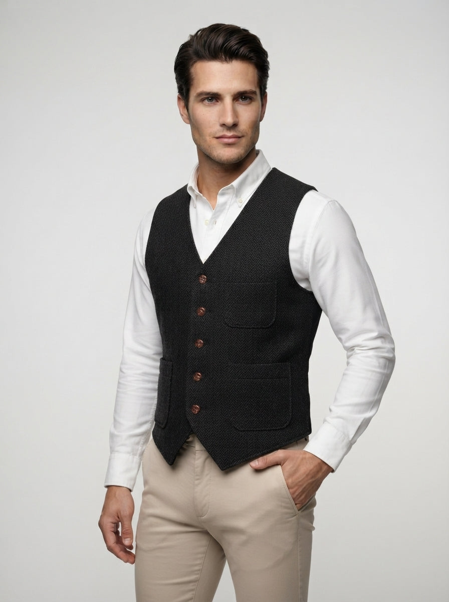 The Kirkstall Herringbone Vest in Charcoal