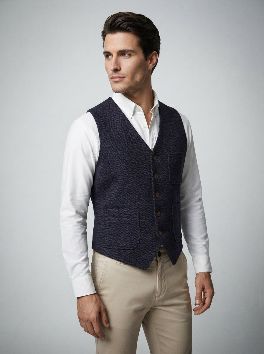 The Kirkstall Herringbone Vest in Navy