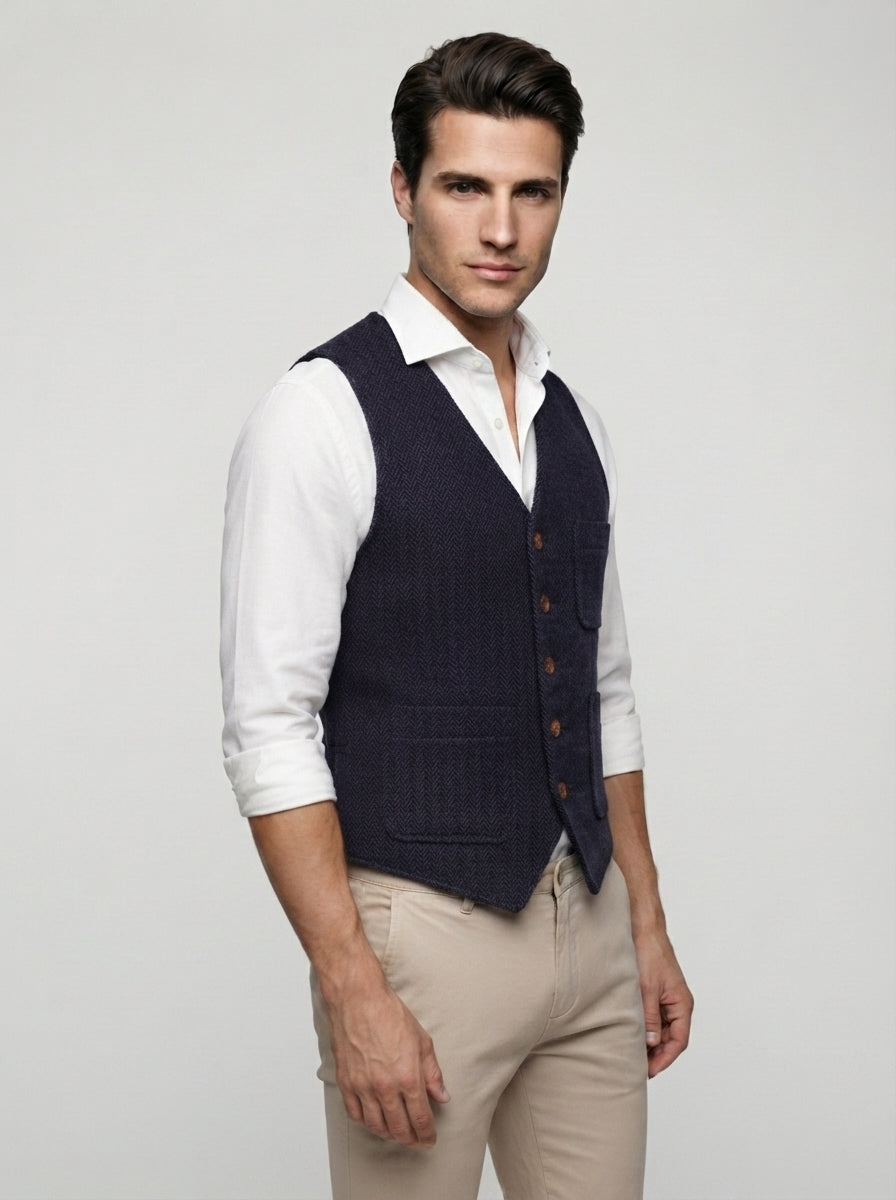 The Kirkstall Herringbone Vest in Navy