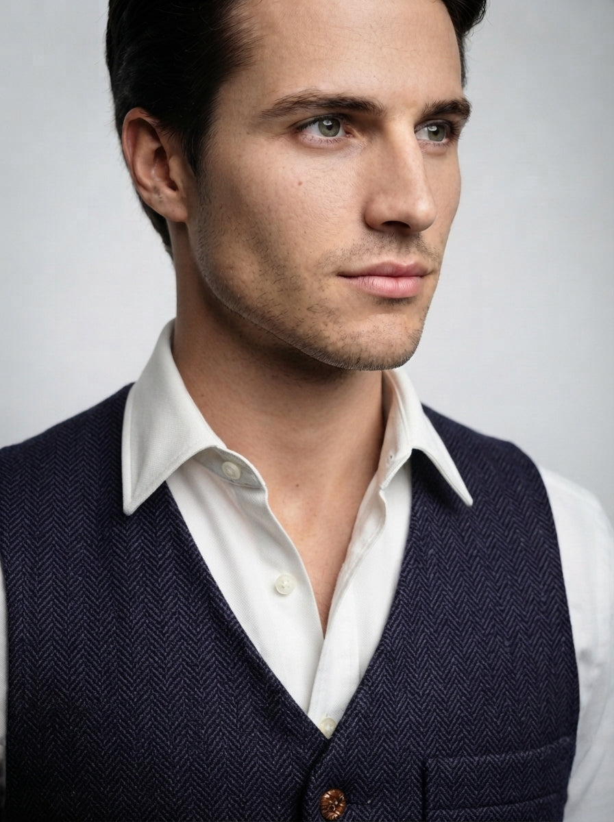 The Kirkstall Herringbone Vest in Navy