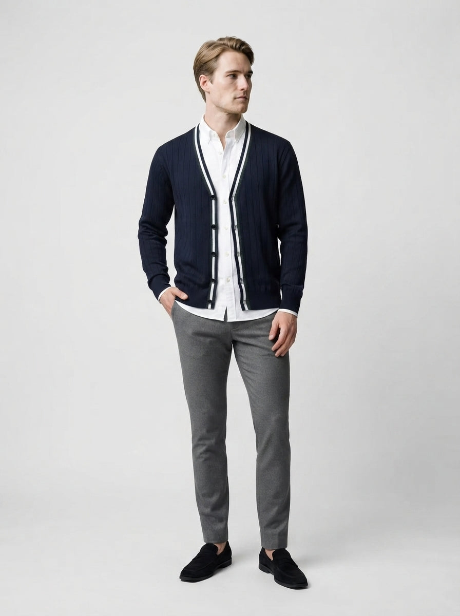 The Tetbury Tipped Cardigan in Navy