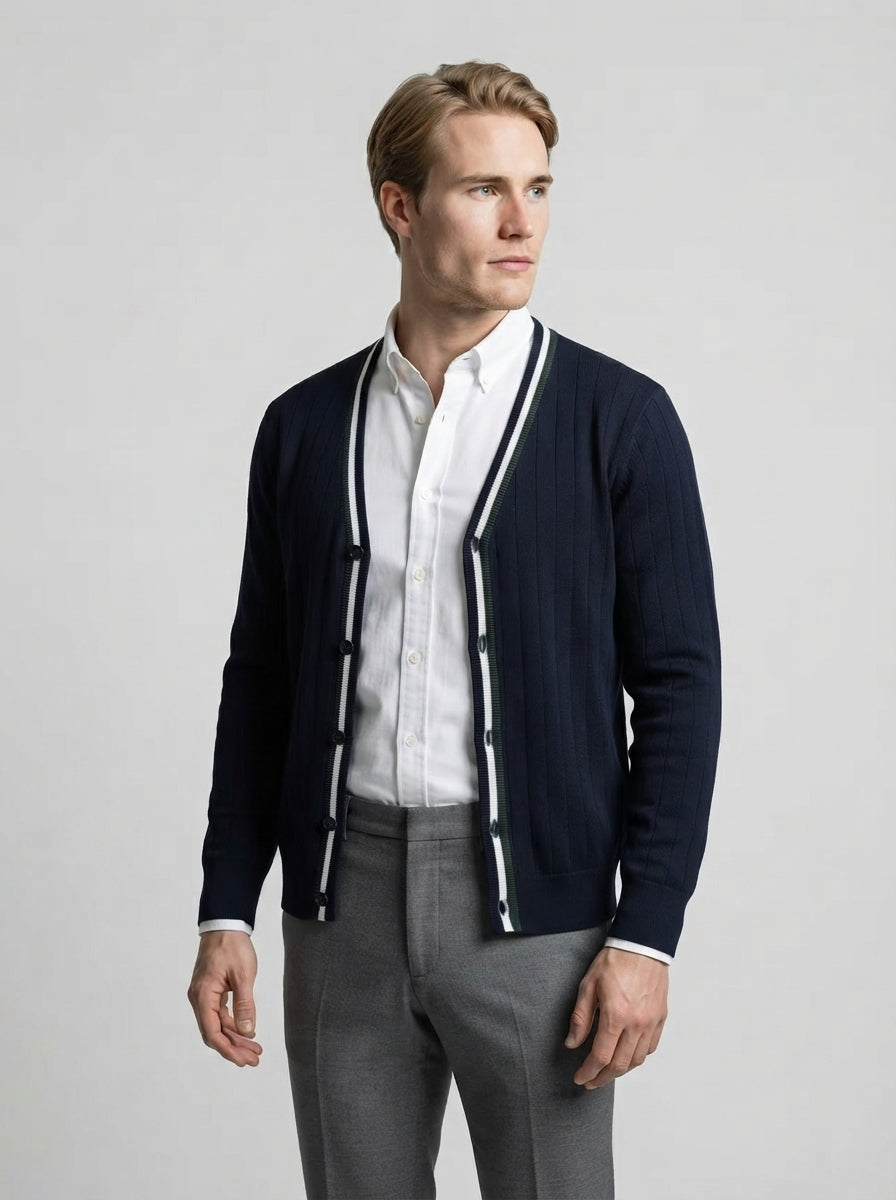 The Tetbury Tipped Cardigan in Navy