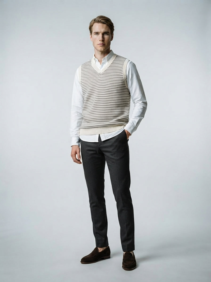 The Portloe Stripe Vest in Cream