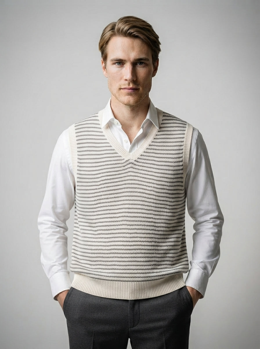 The Portloe Stripe Vest in Cream
