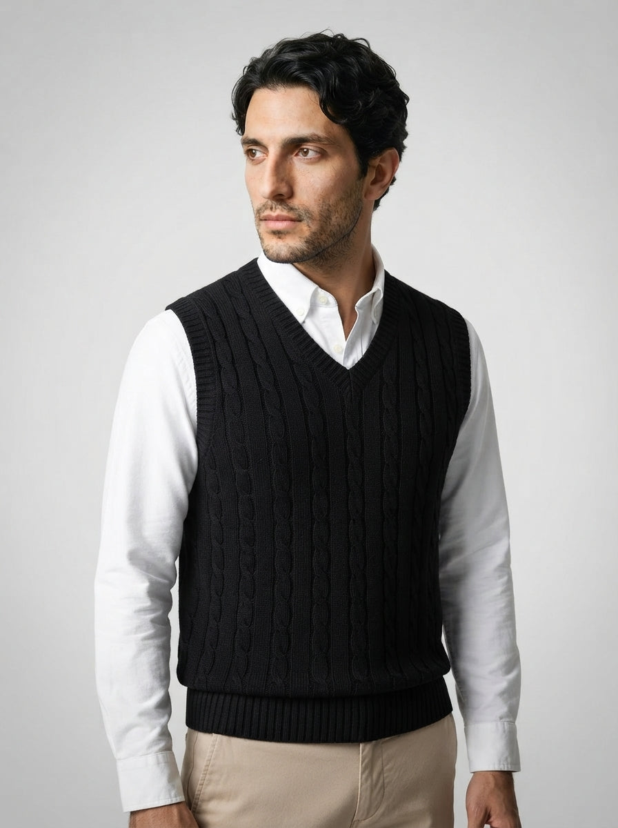The Kelmscott Cable Vest in Black