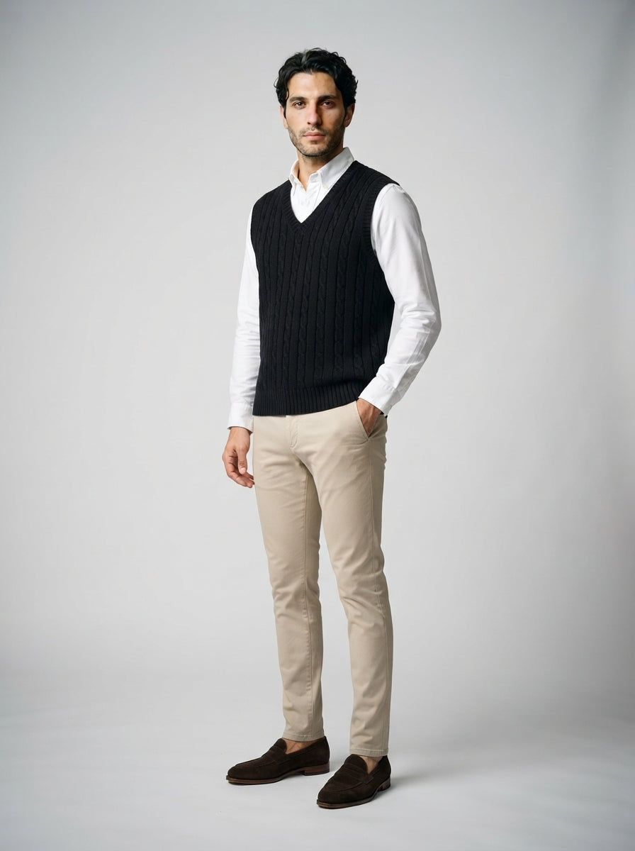 The Kelmscott Cable Vest in Black