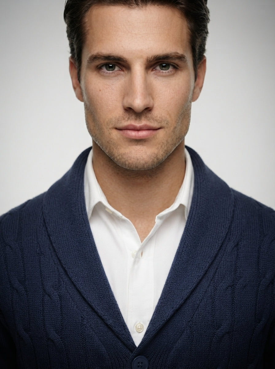 The Brancaster Cable Cardigan in Navy