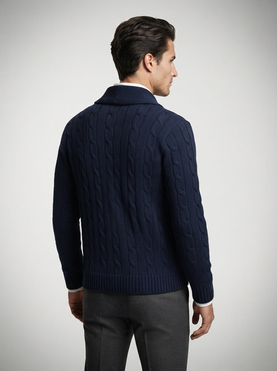 The Brancaster Cable Cardigan in Navy