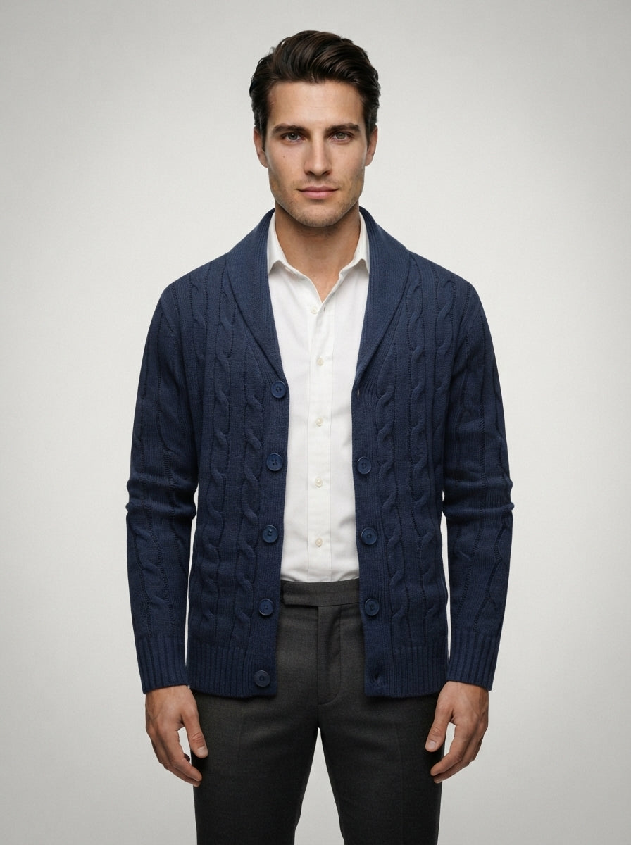 The Brancaster Cable Cardigan in Navy