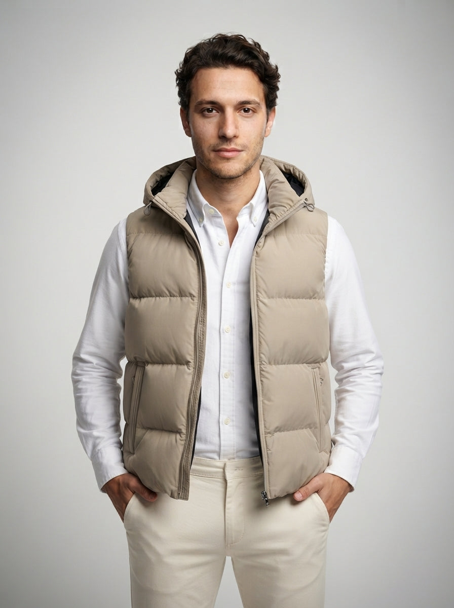 The Hexham Hooded Gilet in Sand