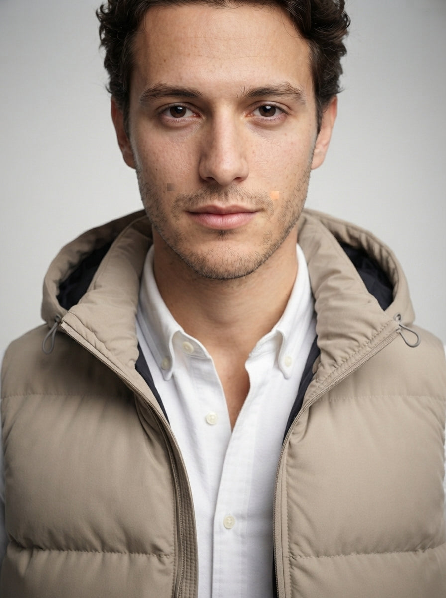 The Hexham Hooded Gilet in Sand