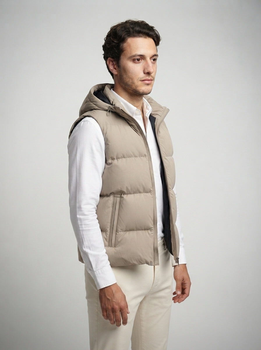 The Hexham Hooded Gilet in Sand
