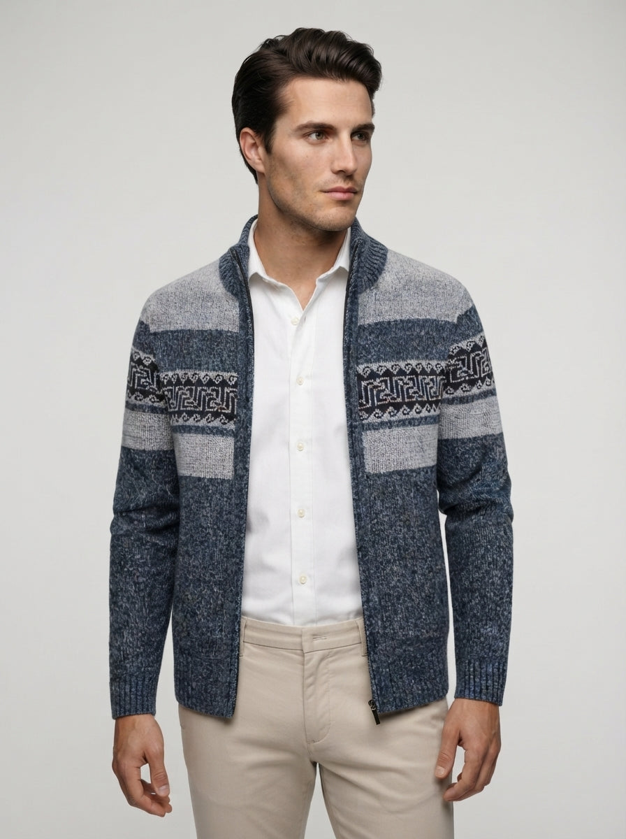 The Braemar Patterned Zip Knit in Navy