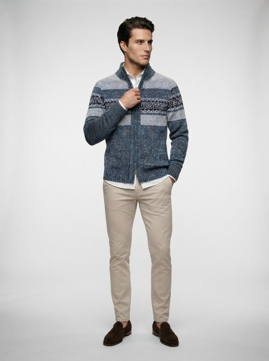 The Braemar Patterned Zip Knit in Navy