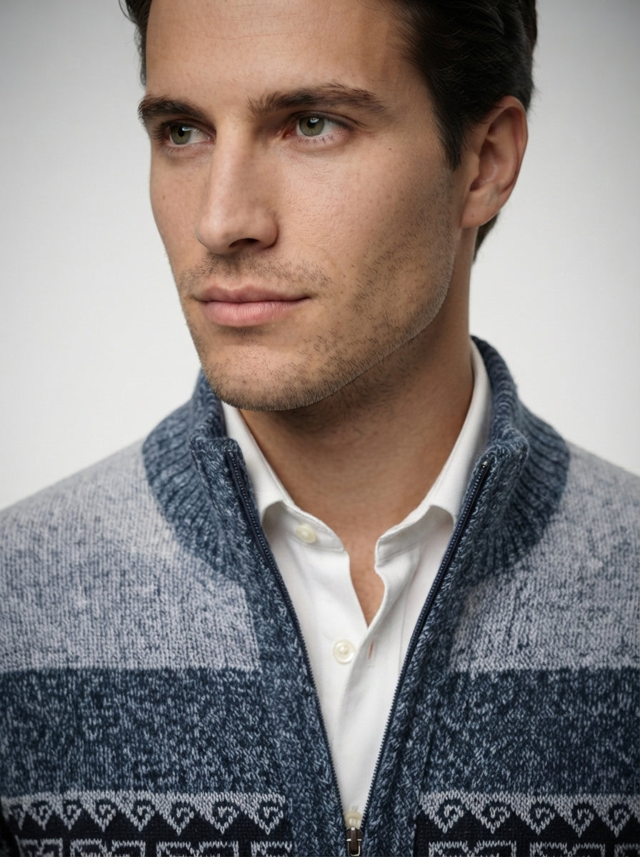 The Braemar Patterned Zip Knit in Navy