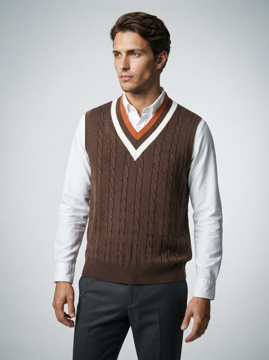 The Thorncombe Stripe V Vest in Brown