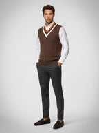 The Thorncombe Stripe V Vest in Brown