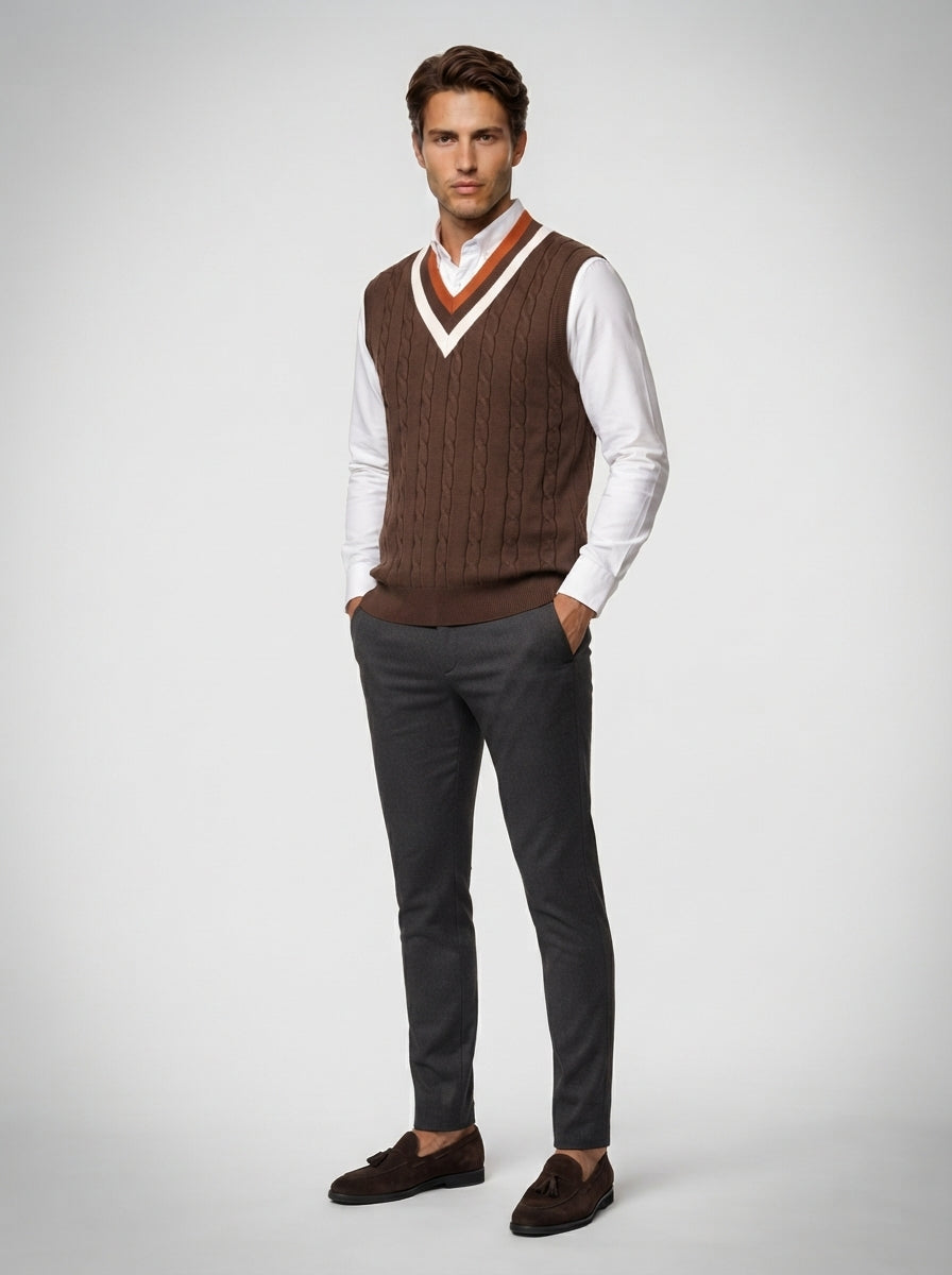 The Thorncombe Stripe V Vest in Brown