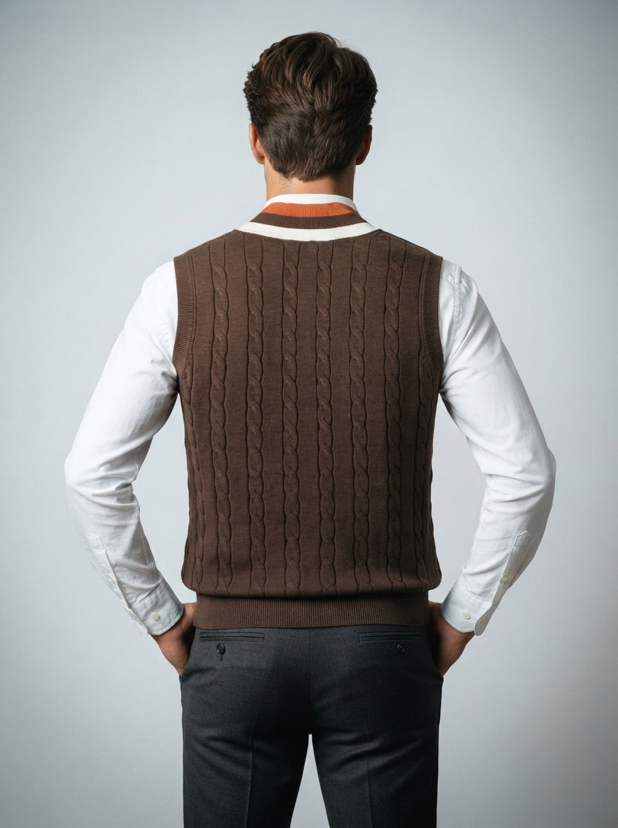 The Thorncombe Stripe V Vest in Brown