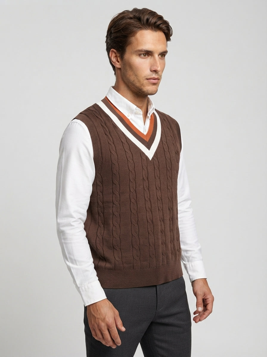 The Thorncombe Stripe V Vest in Brown