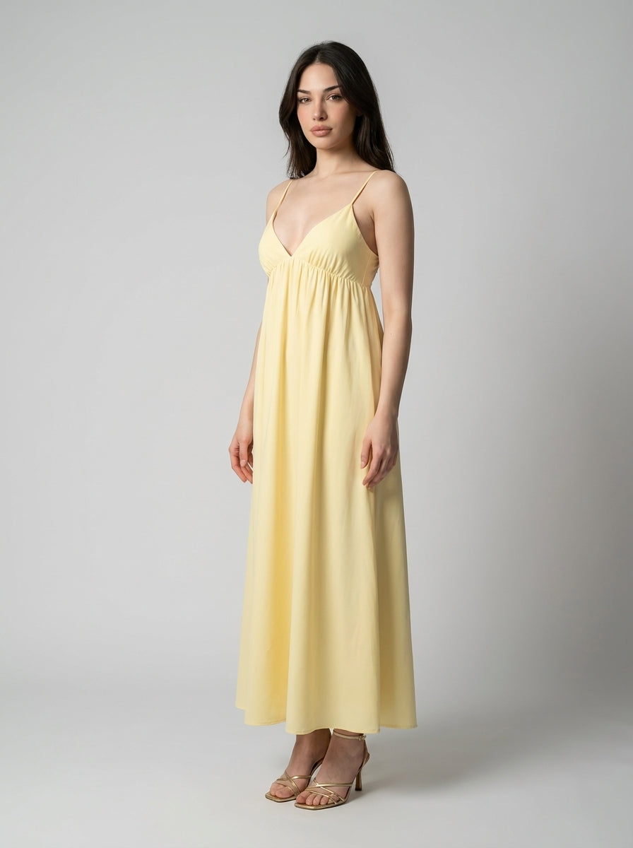 Giselle V Neck Spaghetti Strap A Line Maxi Dress in Yellow
