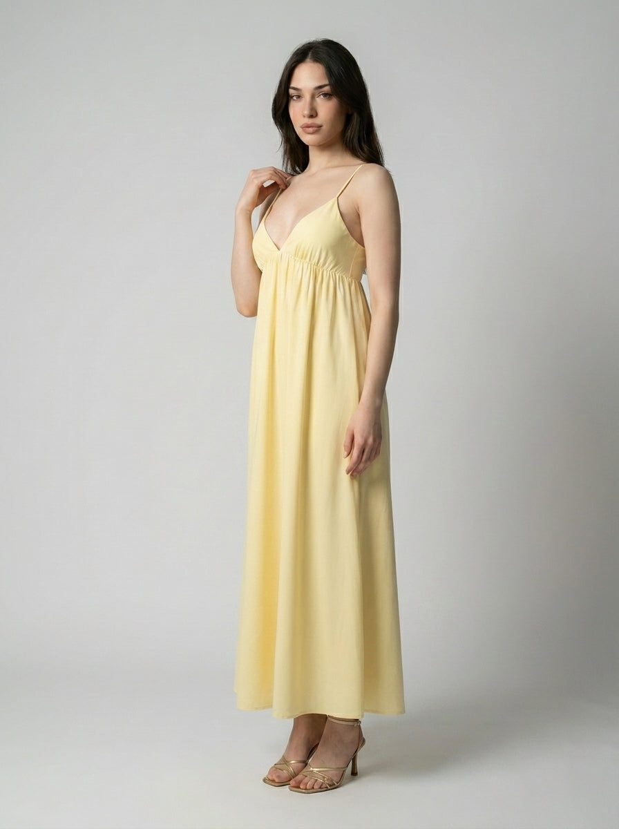 Giselle V Neck Spaghetti Strap A Line Maxi Dress in Yellow