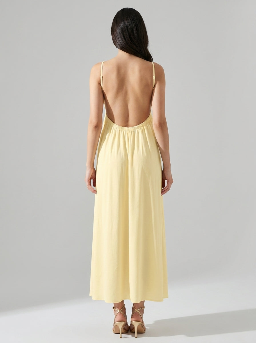 Giselle V Neck Spaghetti Strap A Line Maxi Dress in Yellow