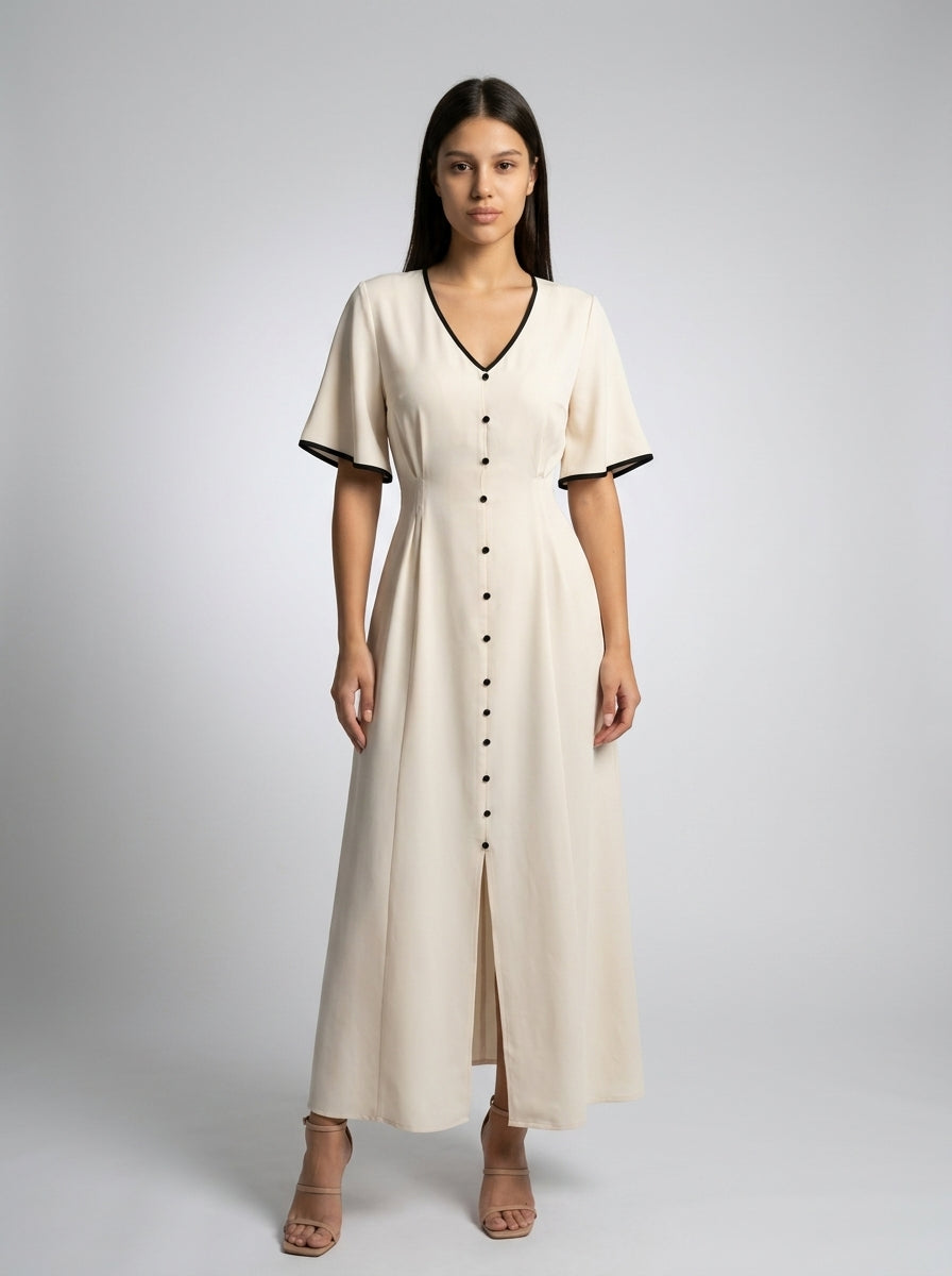 Iris V Neck Button Front Short Sleeve A Line Maxi Dress in Cream