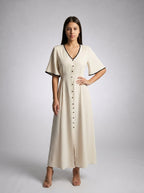 Iris V Neck Button Front Short Sleeve A Line Maxi Dress in Cream