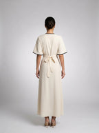Iris V Neck Button Front Short Sleeve A Line Maxi Dress in Cream