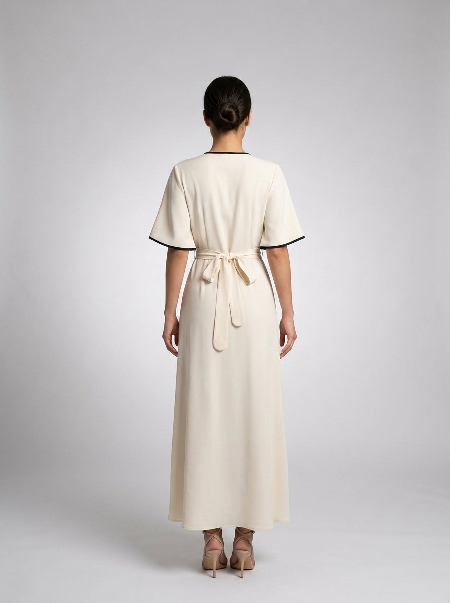 Iris V Neck Button Front Short Sleeve A Line Maxi Dress in Cream