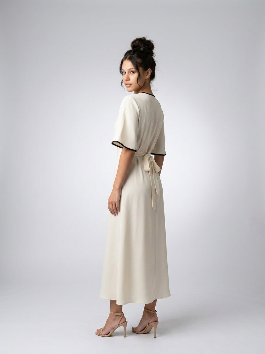 Iris V Neck Button Front Short Sleeve A Line Maxi Dress in Cream