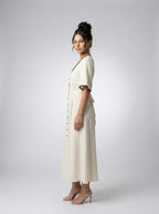 Iris V Neck Button Front Short Sleeve A Line Maxi Dress in Cream