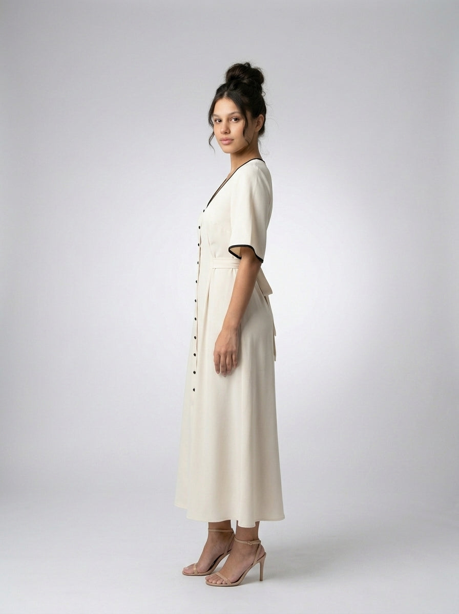 Iris V Neck Button Front Short Sleeve A Line Maxi Dress in Cream