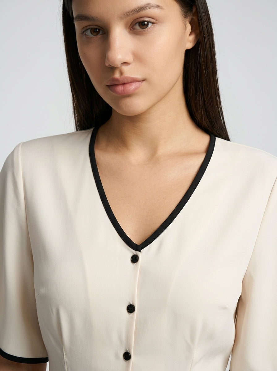 Iris V Neck Button Front Short Sleeve A Line Maxi Dress in Cream