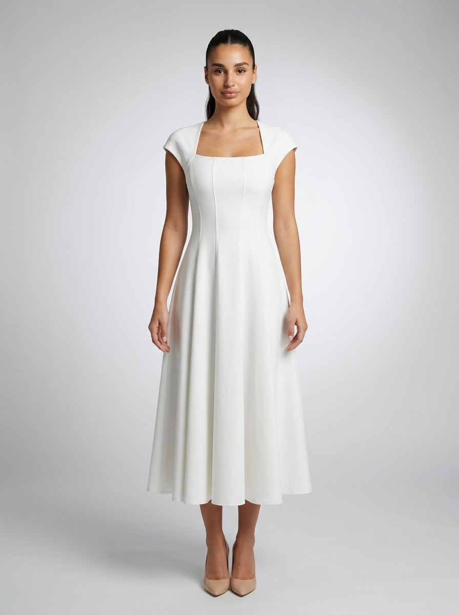 Celestine Square Neck Cap Sleeve A Line Midi Dress in Ivory