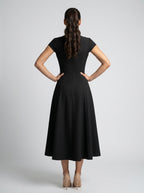 Celestine Square Neck Cap Sleeve A Line Midi Dress in Black